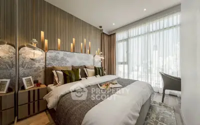 Luxurious modern bedroom with elegant decor and city view, perfect for relaxation.