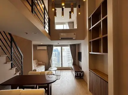 Modern duplex living room with high ceiling and city view