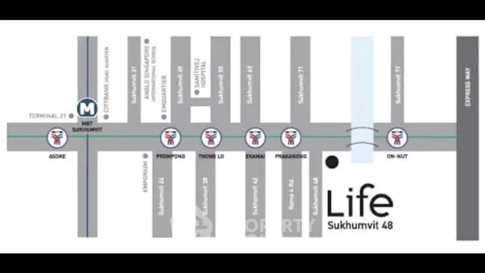 Map showing Life Sukhumvit 48 location near BTS stations and major roads.