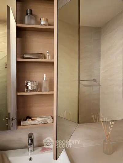 Modern bathroom with elegant shelving and stylish decor