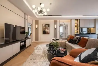 Luxurious modern living room with stylish decor and open kitchen layout