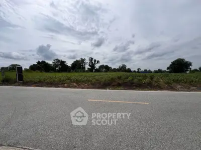 Expansive land plot with road access, ideal for development or agriculture, featuring lush greenery and open skies.