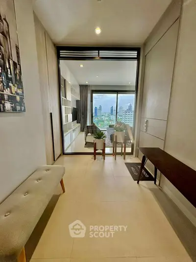 Modern apartment entrance with city view and stylish interior design