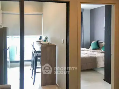 Modern apartment interior with cozy bedroom and stylish dining area