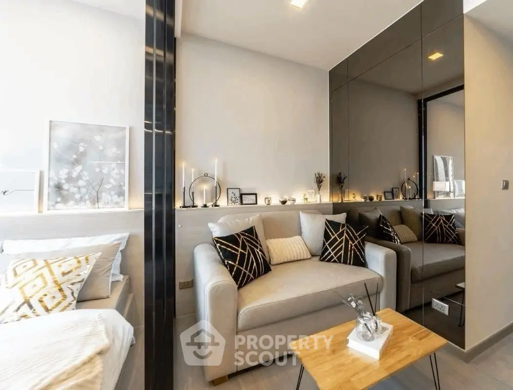 Modern living room with stylish decor and cozy seating area