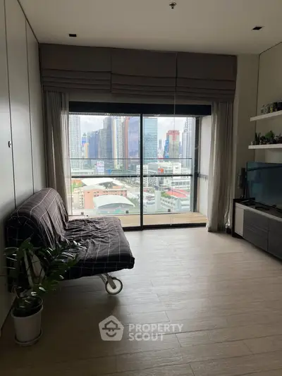 Modern living room with city view and stylish decor