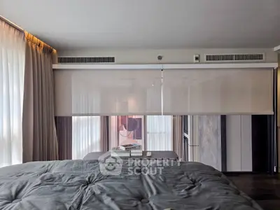 Luxurious bedroom with modern decor and large windows for natural light