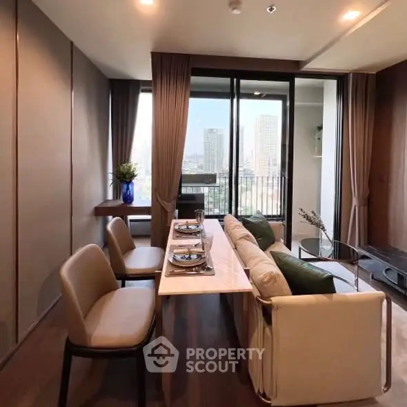 Modern living room with dining area and city view balcony in luxury apartment.