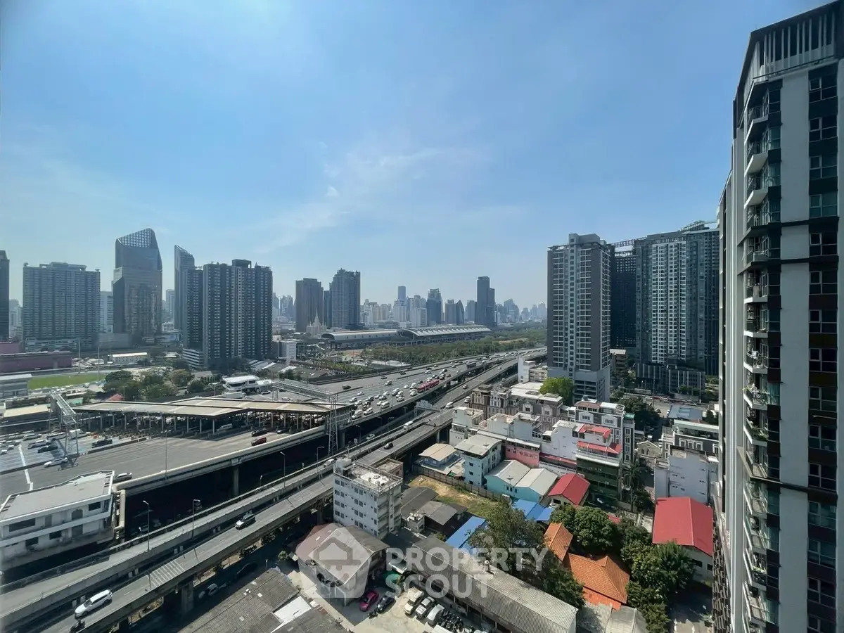 Stunning cityscape view from high-rise apartment balcony in urban skyline