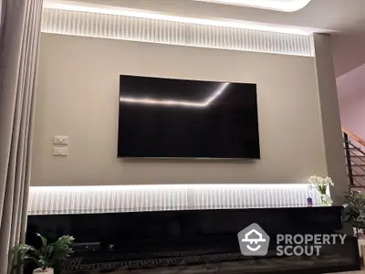 Modern living room with sleek TV setup and ambient lighting