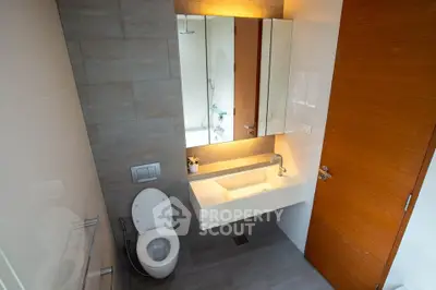 Modern bathroom with sleek fixtures and wooden door