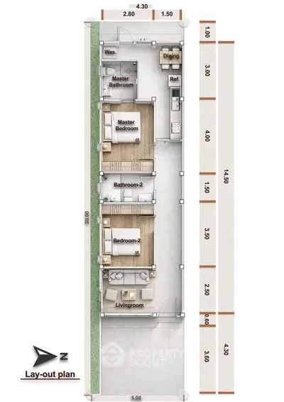 Detailed floor plan showcasing a modern apartment layout with three bedrooms, two bathrooms, and a spacious living area.
