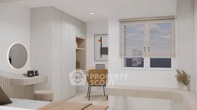 Modern bedroom with stylish decor and study area, featuring a large window and contemporary furnishings.