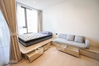 Modern bedroom with built-in storage and natural light