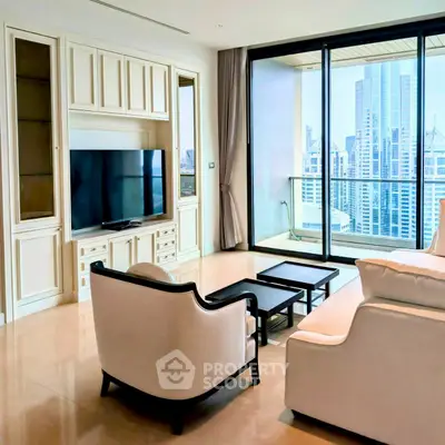 Luxurious living room with modern furniture and stunning city view from large balcony.