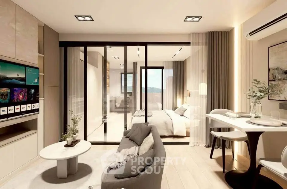 Modern open-plan living room with stylish decor and natural light
