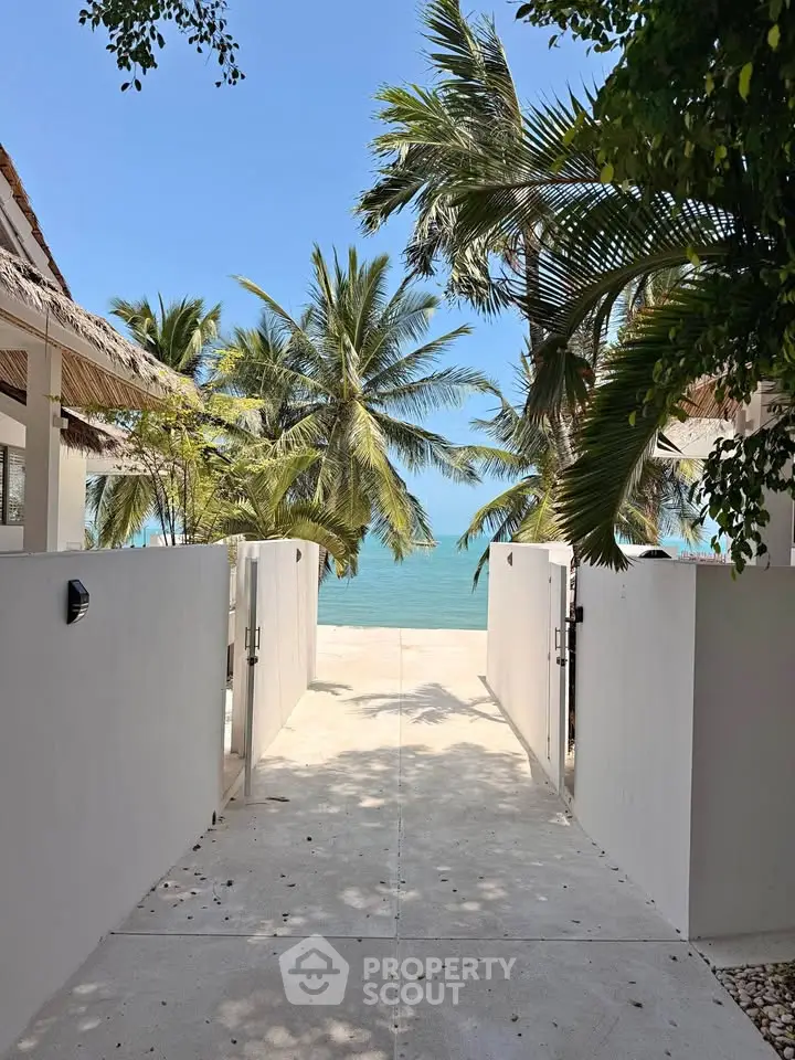 Stunning beachfront property entrance with palm trees and ocean view, perfect for luxury living.