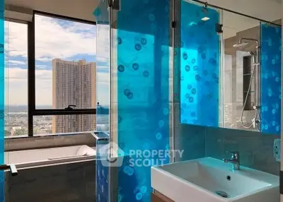 Luxurious bathroom with city view and modern fixtures in high-rise apartment