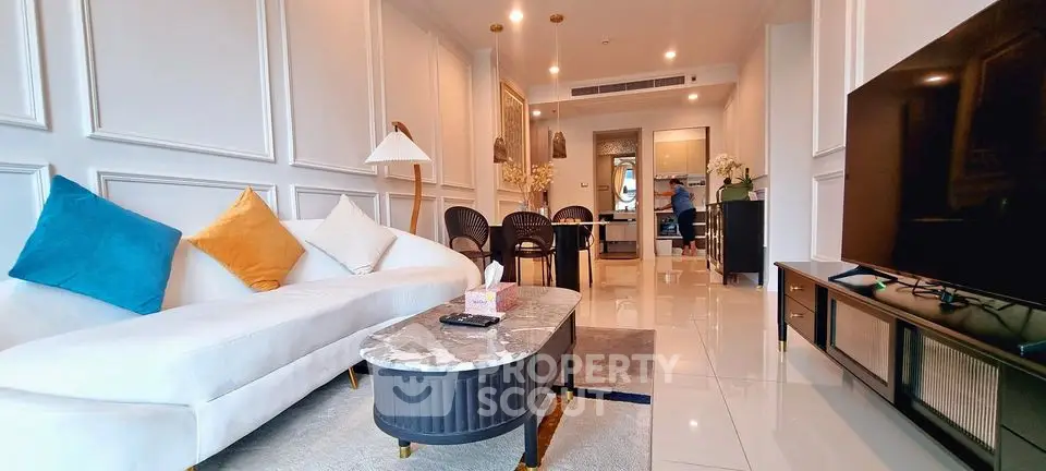 Luxurious living room with elegant decor and modern furnishings in a stylish apartment.