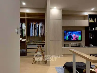 Modern living room with built-in wardrobe and TV, showcasing sleek design and ample storage.