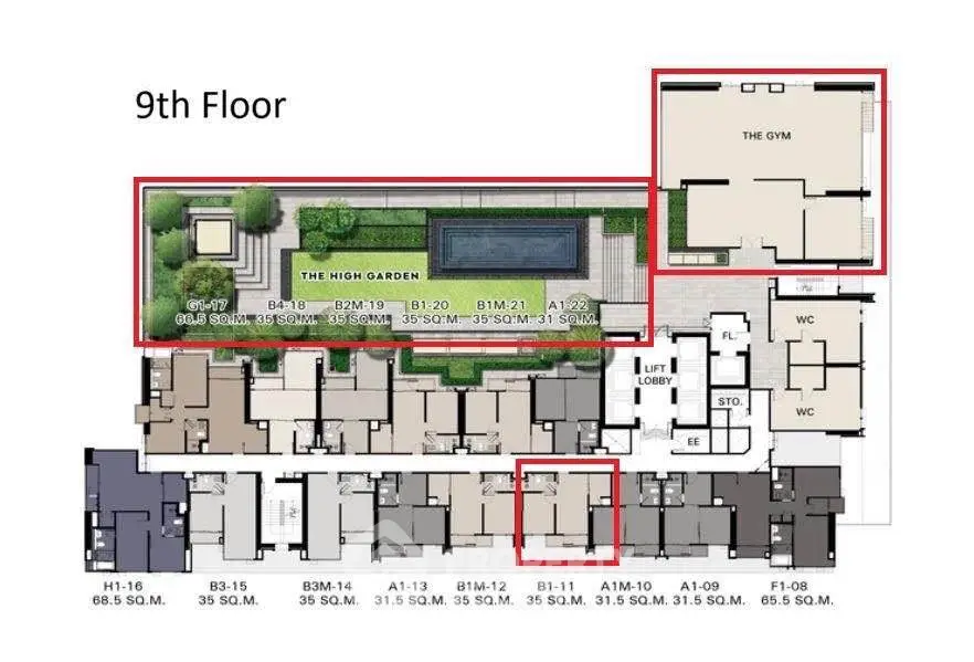 9th floor plan showcasing gym, high garden, and residential units layout.
