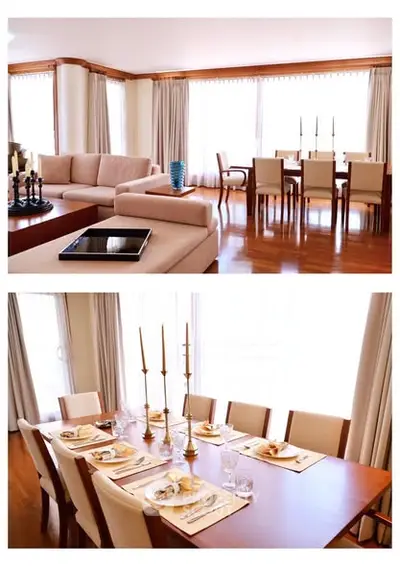 Spacious living and dining area with elegant decor and natural light