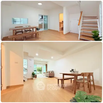 Spacious modern living room with wooden flooring and elegant dining area