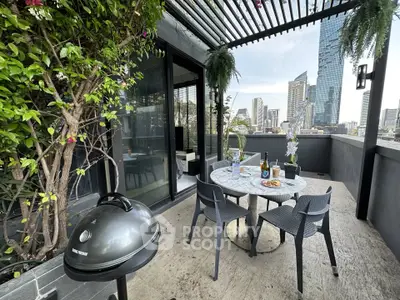 Stunning urban balcony with city skyline view and outdoor dining setup