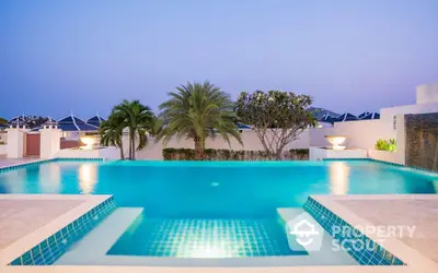 Luxurious infinity pool with stunning evening view and palm trees