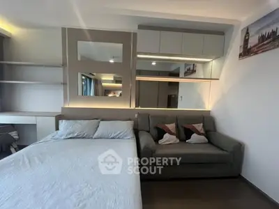 Modern bedroom with stylish decor and cozy seating area