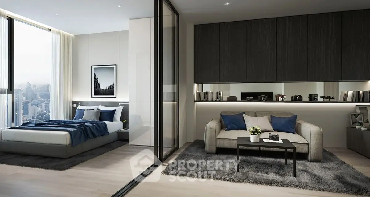 Luxurious modern bedroom with stunning city view and elegant decor