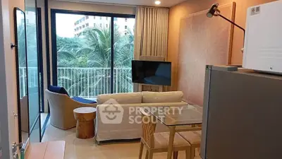 Modern living room with balcony view and stylish furniture