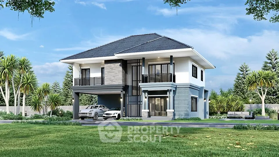 Stunning modern two-story house with sleek design and lush landscaping, featuring a spacious driveway and elegant facade.