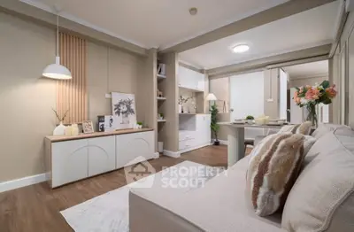 Stylish modern living room with cozy decor and elegant furnishings in a contemporary apartment.