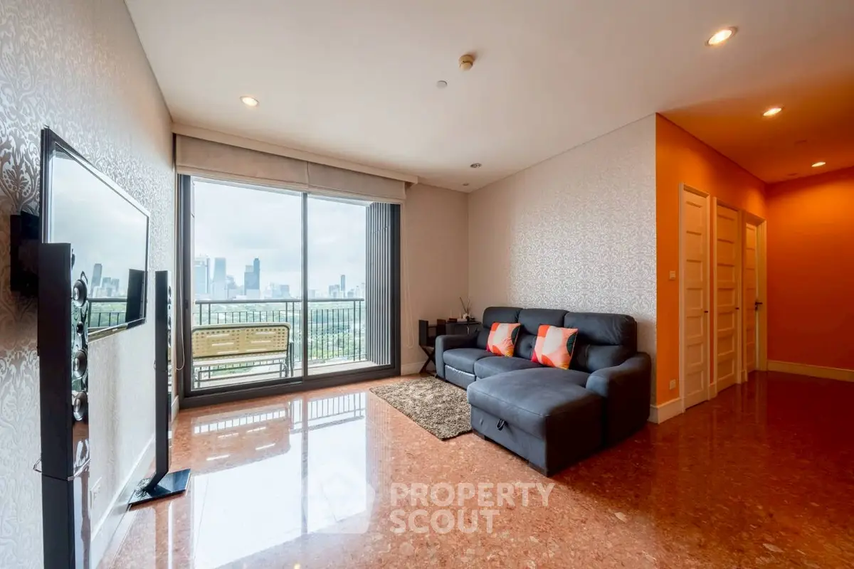 Spacious living room with city view and modern decor