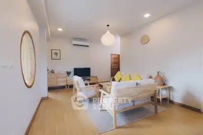 Spacious modern living room with stylish wooden furniture and cozy decor