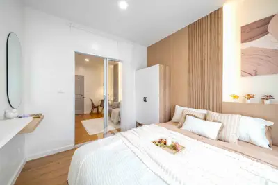 Modern bedroom with stylish decor and cozy ambiance