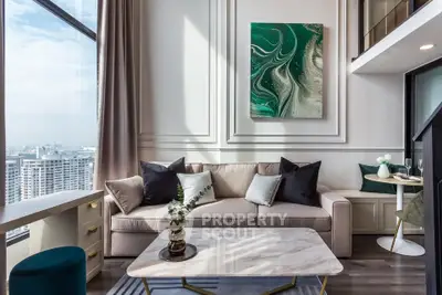 Luxurious modern living room with stunning city view and elegant decor