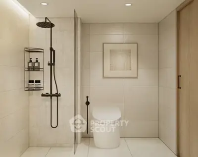 Modern bathroom with sleek shower and elegant tile design.