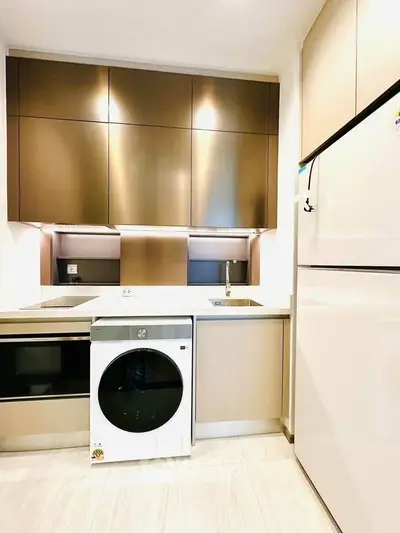 Modern kitchen with sleek cabinets, integrated appliances, and washing machine in a compact layout.
