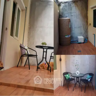 Charming small patio with cozy seating and rustic decor, perfect for relaxation.