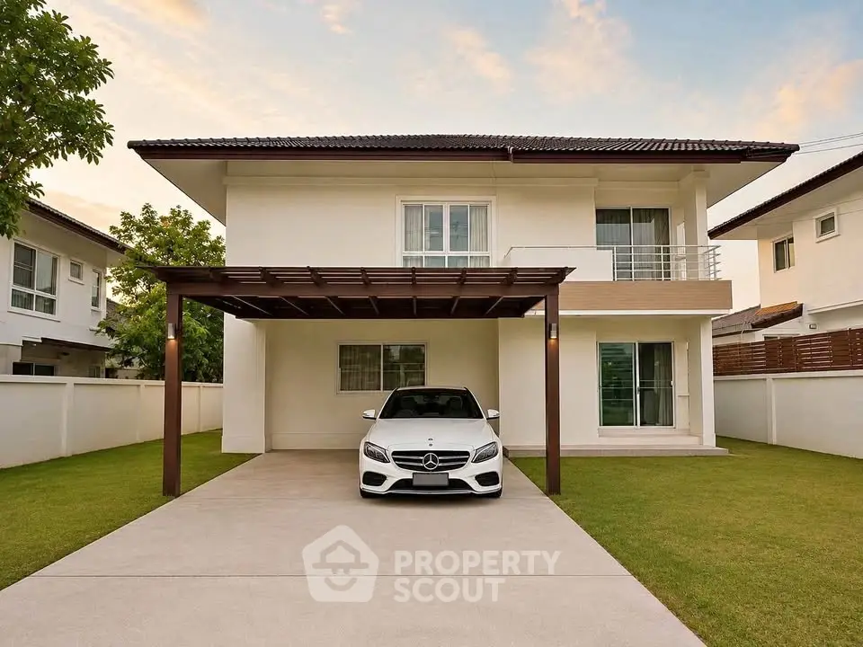 Stunning modern two-story house with carport and lush green lawn, perfect for family living.