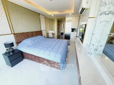 Luxurious modern bedroom with elegant decor and ample natural light