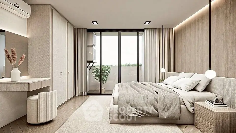 Luxurious modern bedroom with elegant decor and large windows for natural light.