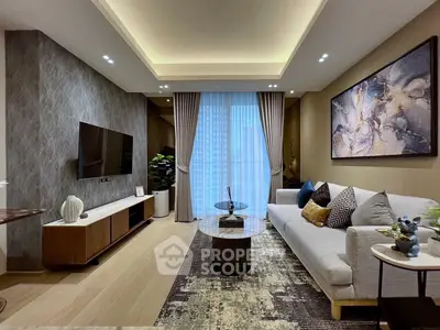 Luxurious modern living room with elegant decor and ambient lighting