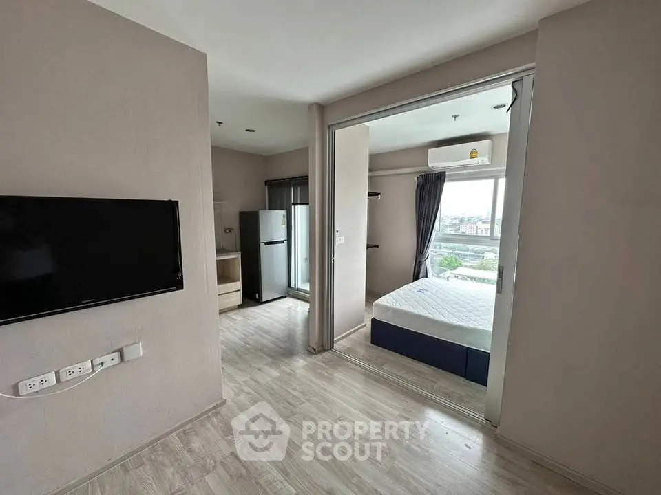 Modern apartment interior with open layout and city view