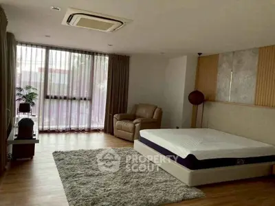 Spacious bedroom with modern decor and natural light