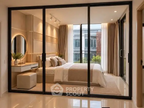 Luxurious modern bedroom with floor-to-ceiling windows and elegant decor