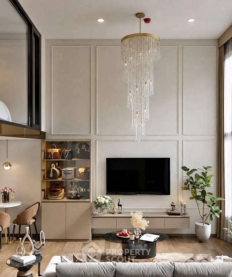 Luxurious living room with elegant chandelier and modern decor, featuring a stylish TV setup and cozy seating area.
