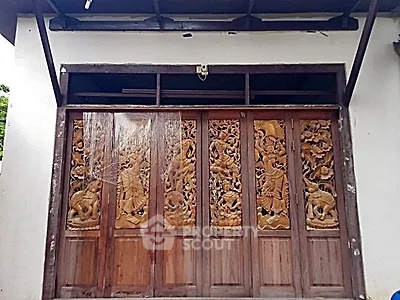 Elegant wooden carved door with intricate designs on a white building facade.
